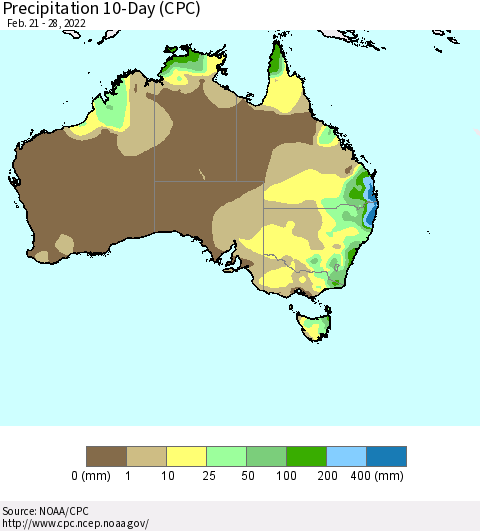 Australia Precipitation 10-Day (CPC) Thematic Map For 2/21/2022 - 2/28/2022