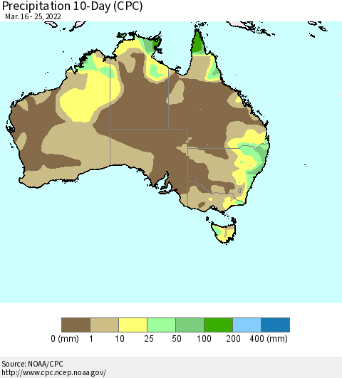 Australia Precipitation 10-Day (CPC) Thematic Map For 3/16/2022 - 3/25/2022