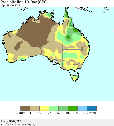Australia Precipitation 10-Day (CPC) Thematic Map For 4/21/2022 - 4/30/2022