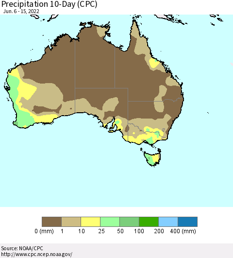 Australia Precipitation 10-Day (CPC) Thematic Map For 6/6/2022 - 6/15/2022