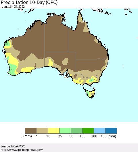Australia Precipitation 10-Day (CPC) Thematic Map For 6/16/2022 - 6/25/2022