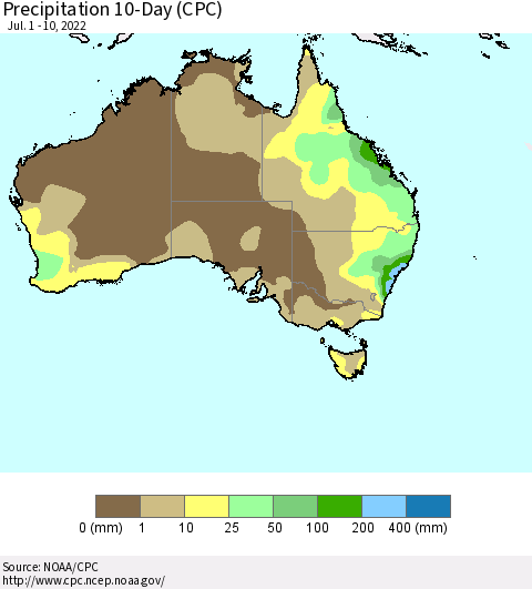 Australia Precipitation 10-Day (CPC) Thematic Map For 7/1/2022 - 7/10/2022