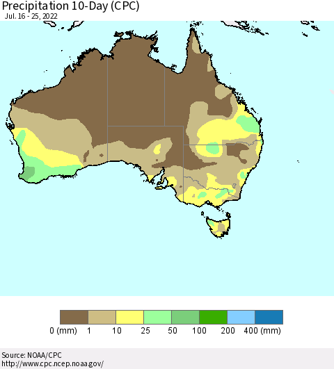 Australia Precipitation 10-Day (CPC) Thematic Map For 7/16/2022 - 7/25/2022