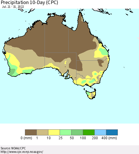 Australia Precipitation 10-Day (CPC) Thematic Map For 7/21/2022 - 7/31/2022