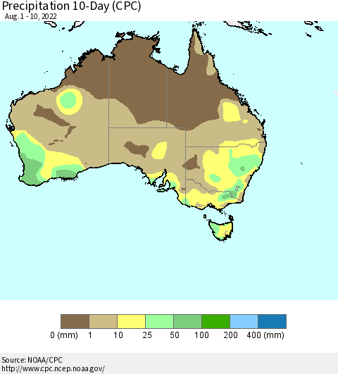 Australia Precipitation 10-Day (CPC) Thematic Map For 8/1/2022 - 8/10/2022