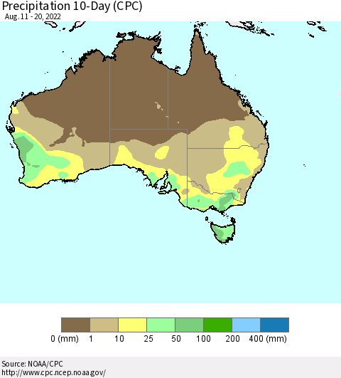 Australia Precipitation 10-Day (CPC) Thematic Map For 8/11/2022 - 8/20/2022
