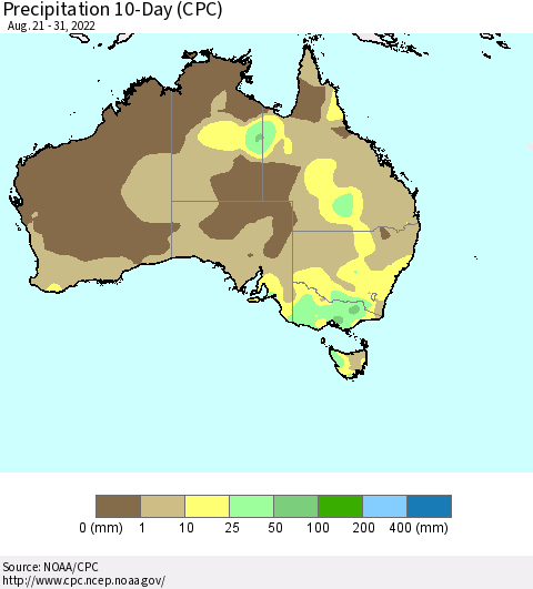 Australia Precipitation 10-Day (CPC) Thematic Map For 8/21/2022 - 8/31/2022