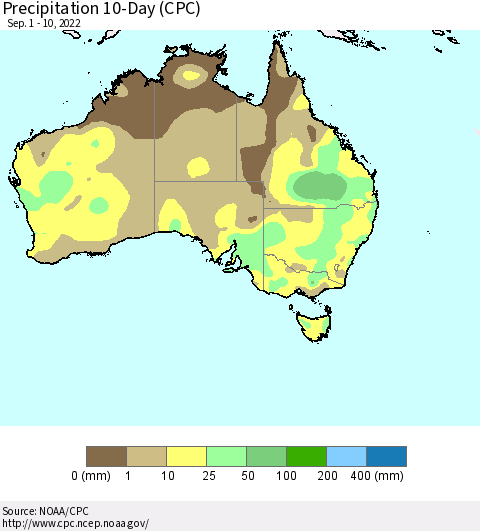 Australia Precipitation 10-Day (CPC) Thematic Map For 9/1/2022 - 9/10/2022