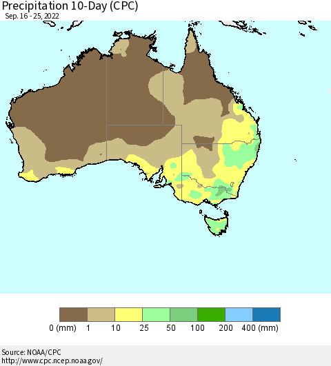 Australia Precipitation 10-Day (CPC) Thematic Map For 9/16/2022 - 9/25/2022