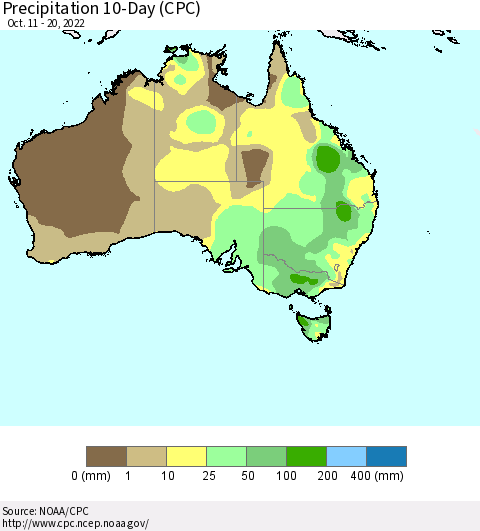 Australia Precipitation 10-Day (CPC) Thematic Map For 10/11/2022 - 10/20/2022