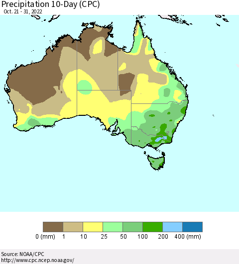 Australia Precipitation 10-Day (CPC) Thematic Map For 10/21/2022 - 10/31/2022