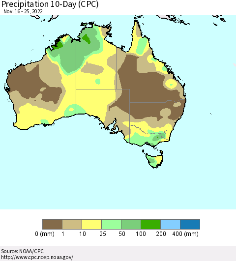 Australia Precipitation 10-Day (CPC) Thematic Map For 11/16/2022 - 11/25/2022