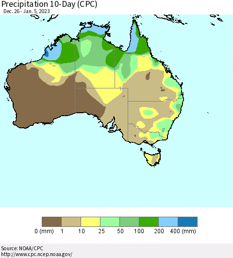 Australia Precipitation 10-Day (CPC) Thematic Map For 12/26/2022 - 1/5/2023