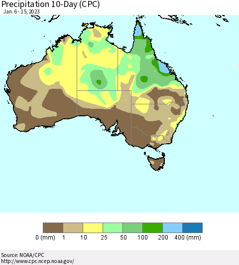 Australia Precipitation 10-Day (CPC) Thematic Map For 1/6/2023 - 1/15/2023