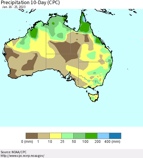 Australia Precipitation 10-Day (CPC) Thematic Map For 1/16/2023 - 1/25/2023