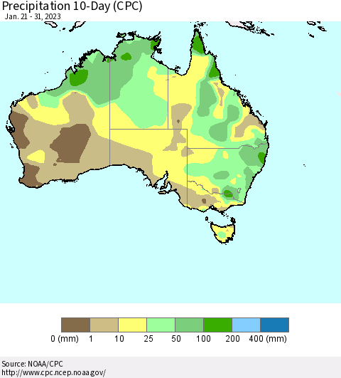 Australia Precipitation 10-Day (CPC) Thematic Map For 1/21/2023 - 1/31/2023