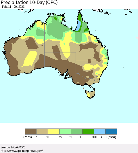 Australia Precipitation 10-Day (CPC) Thematic Map For 2/11/2023 - 2/20/2023