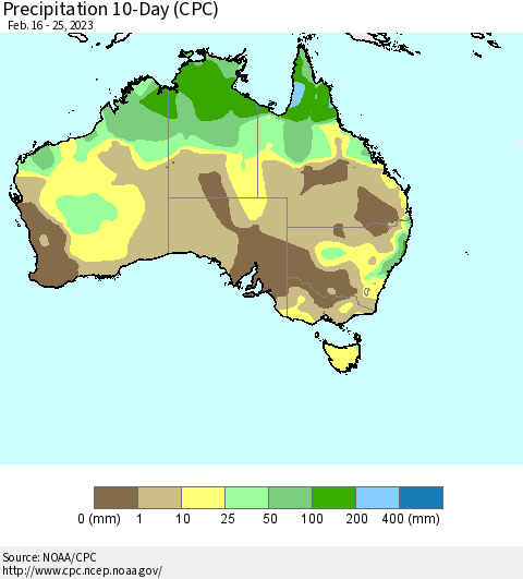 Australia Precipitation 10-Day (CPC) Thematic Map For 2/16/2023 - 2/25/2023