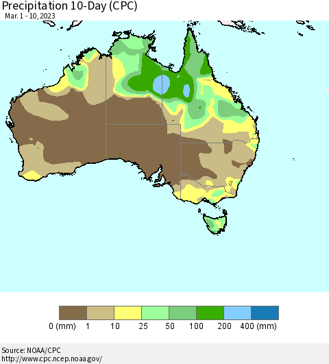 Australia Precipitation 10-Day (CPC) Thematic Map For 3/1/2023 - 3/10/2023