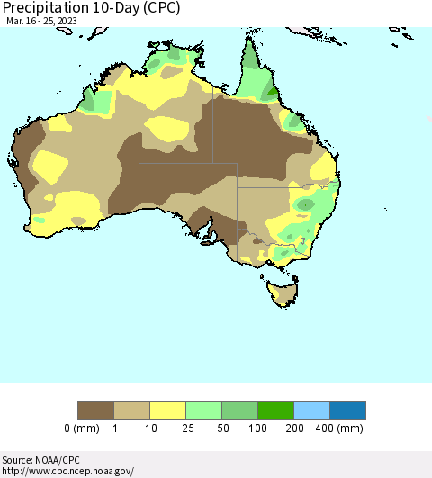 Australia Precipitation 10-Day (CPC) Thematic Map For 3/16/2023 - 3/25/2023