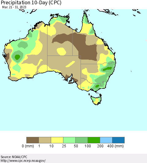 Australia Precipitation 10-Day (CPC) Thematic Map For 3/21/2023 - 3/31/2023