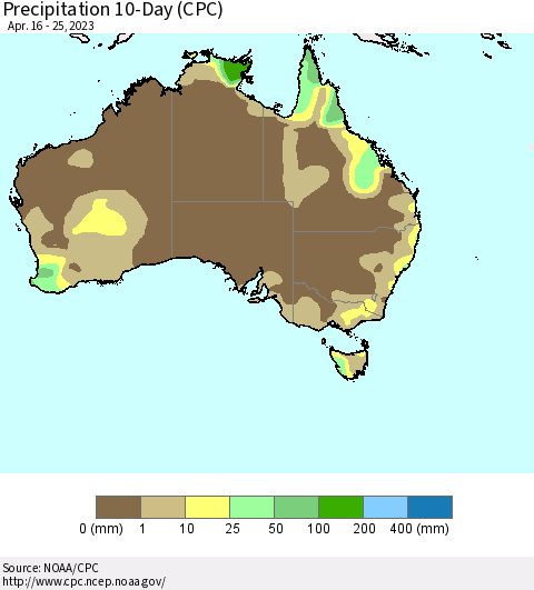 Australia Precipitation 10-Day (CPC) Thematic Map For 4/16/2023 - 4/25/2023