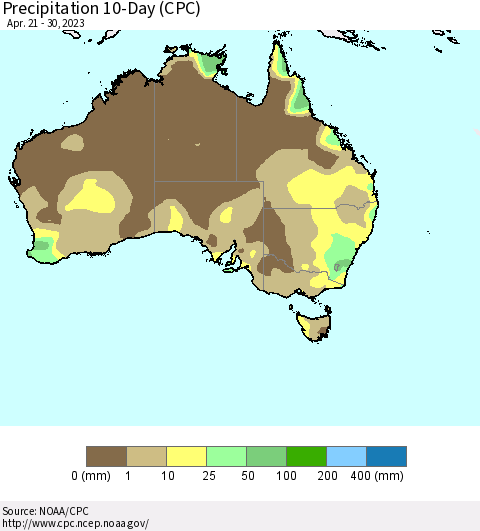 Australia Precipitation 10-Day (CPC) Thematic Map For 4/21/2023 - 4/30/2023