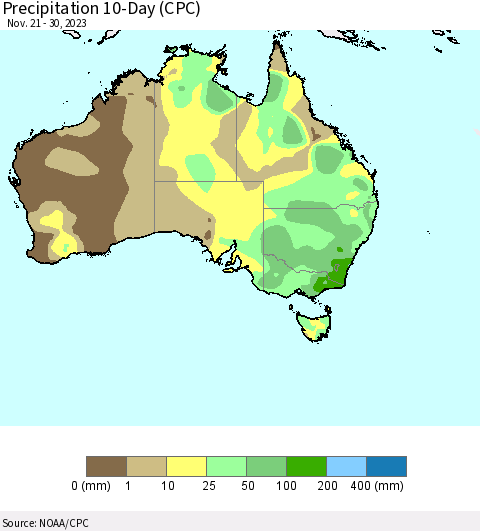 Australia Precipitation 10-Day (CPC) Thematic Map For 11/21/2023 - 11/30/2023