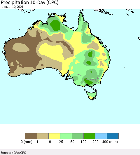 Australia Precipitation 10-Day (CPC) Thematic Map For 1/1/2024 - 1/10/2024
