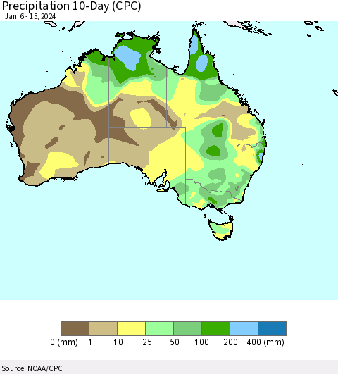 Australia Precipitation 10-Day (CPC) Thematic Map For 1/6/2024 - 1/15/2024