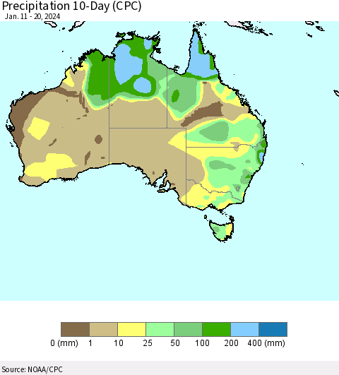 Australia Precipitation 10-Day (CPC) Thematic Map For 1/11/2024 - 1/20/2024