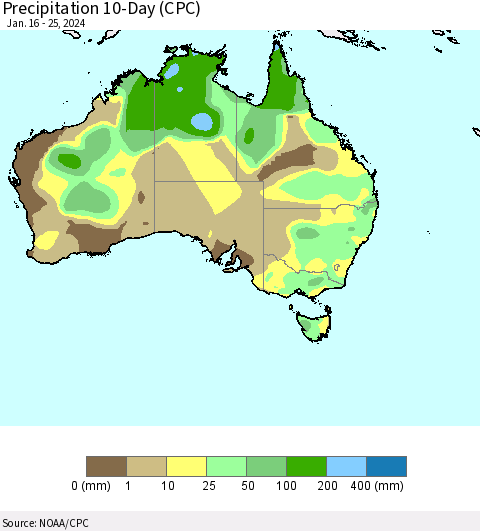 Australia Precipitation 10-Day (CPC) Thematic Map For 1/16/2024 - 1/25/2024