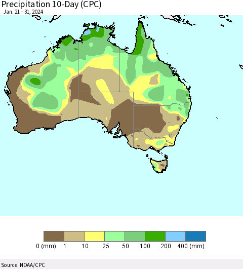Australia Precipitation 10-Day (CPC) Thematic Map For 1/21/2024 - 1/31/2024