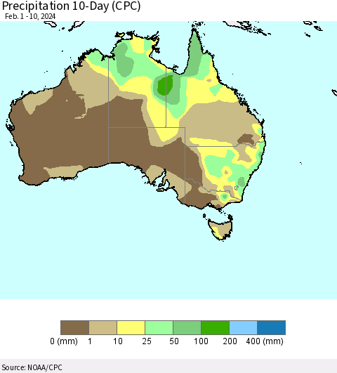 Australia Precipitation 10-Day (CPC) Thematic Map For 2/1/2024 - 2/10/2024