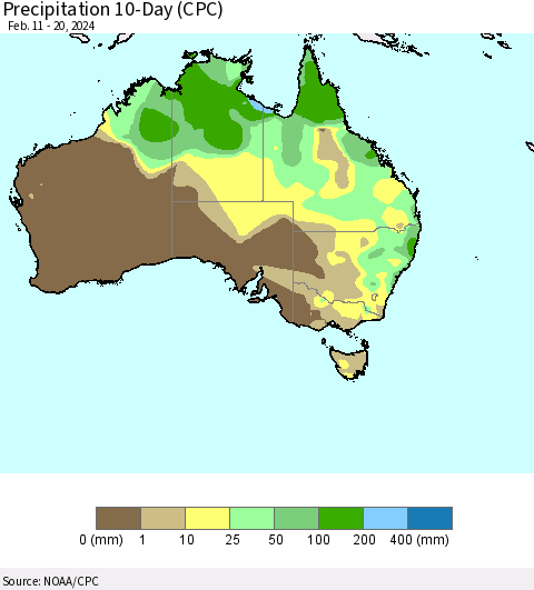 Australia Precipitation 10-Day (CPC) Thematic Map For 2/11/2024 - 2/20/2024