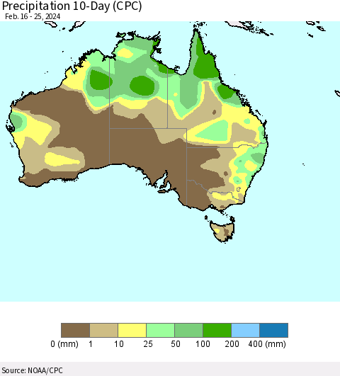 Australia Precipitation 10-Day (CPC) Thematic Map For 2/16/2024 - 2/25/2024