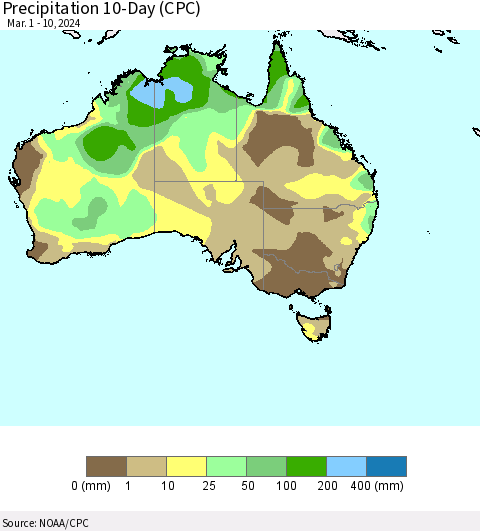 Australia Precipitation 10-Day (CPC) Thematic Map For 3/1/2024 - 3/10/2024