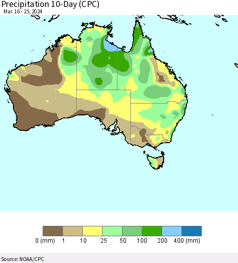 Australia Precipitation 10-Day (CPC) Thematic Map For 3/16/2024 - 3/25/2024