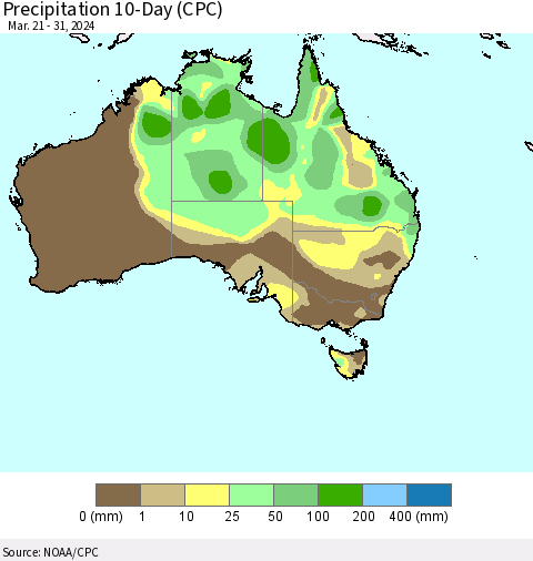 Australia Precipitation 10-Day (CPC) Thematic Map For 3/21/2024 - 3/31/2024