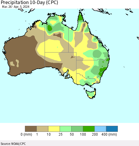 Australia Precipitation 10-Day (CPC) Thematic Map For 3/26/2024 - 4/5/2024
