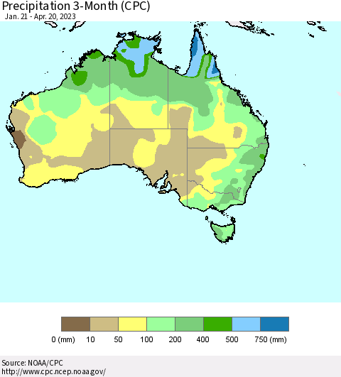 Australia Precipitation 3-Month (CPC) Thematic Map For 1/21/2023 - 4/20/2023