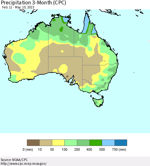 Australia Precipitation 3-Month (CPC) Thematic Map For 2/11/2023 - 5/10/2023