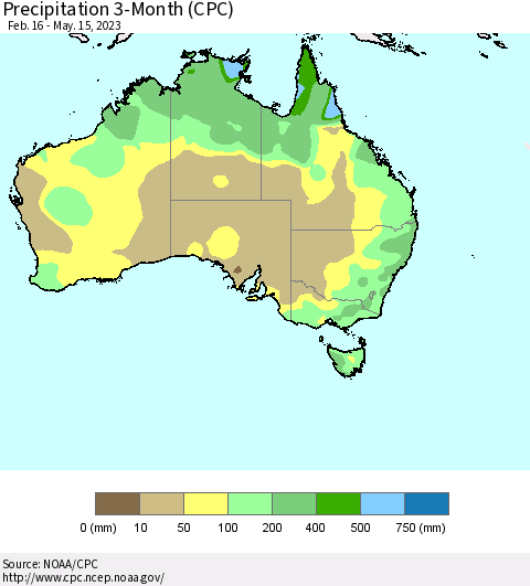 Australia Precipitation 3-Month (CPC) Thematic Map For 2/16/2023 - 5/15/2023