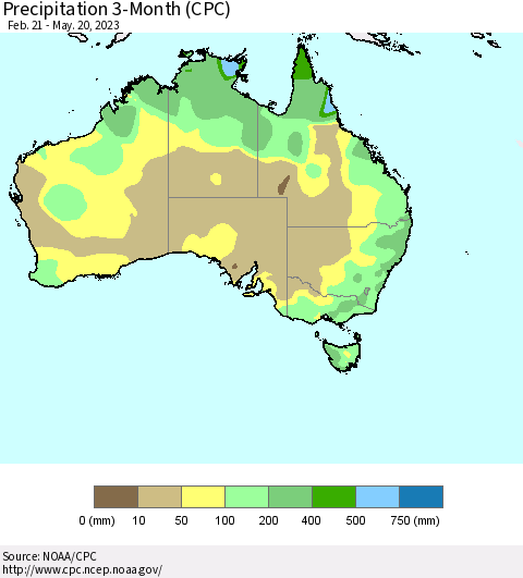 Australia Precipitation 3-Month (CPC) Thematic Map For 2/21/2023 - 5/20/2023