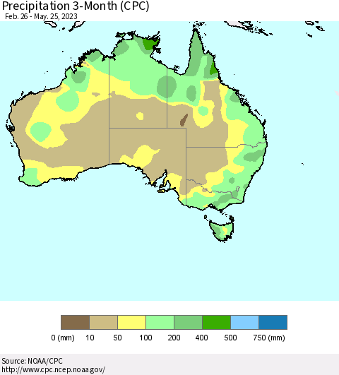 Australia Precipitation 3-Month (CPC) Thematic Map For 2/26/2023 - 5/25/2023