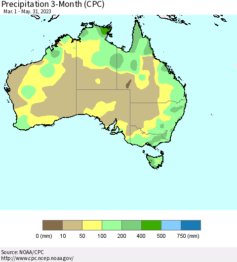 Australia Precipitation 3-Month (CPC) Thematic Map For 3/1/2023 - 5/31/2023