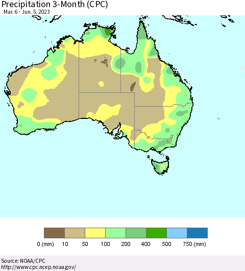 Australia Precipitation 3-Month (CPC) Thematic Map For 3/6/2023 - 6/5/2023