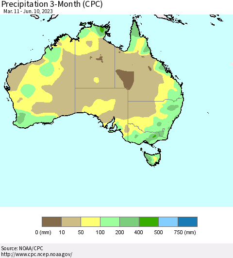Australia Precipitation 3-Month (CPC) Thematic Map For 3/11/2023 - 6/10/2023
