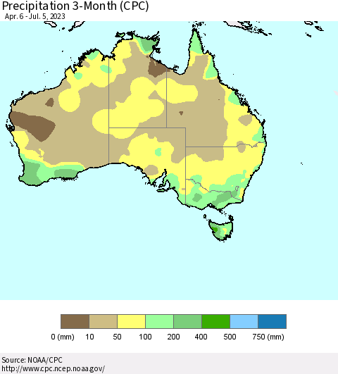 Australia Precipitation 3-Month (CPC) Thematic Map For 4/6/2023 - 7/5/2023