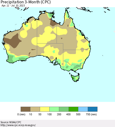 Australia Precipitation 3-Month (CPC) Thematic Map For 4/11/2023 - 7/10/2023
